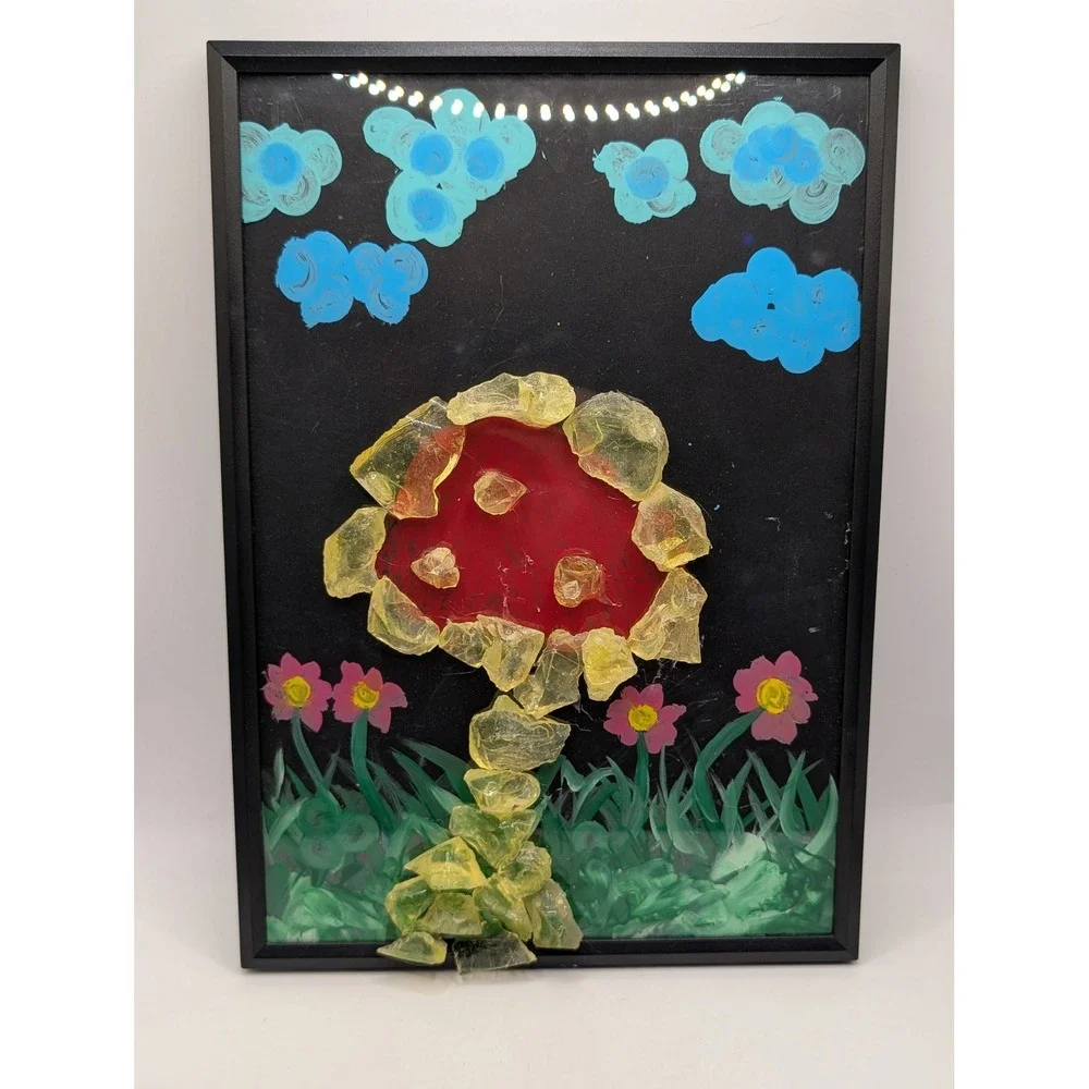 Handmade UV Glow Mushroom Slag Glass Mixed Media Framed Art‎ Blacklight Trippy